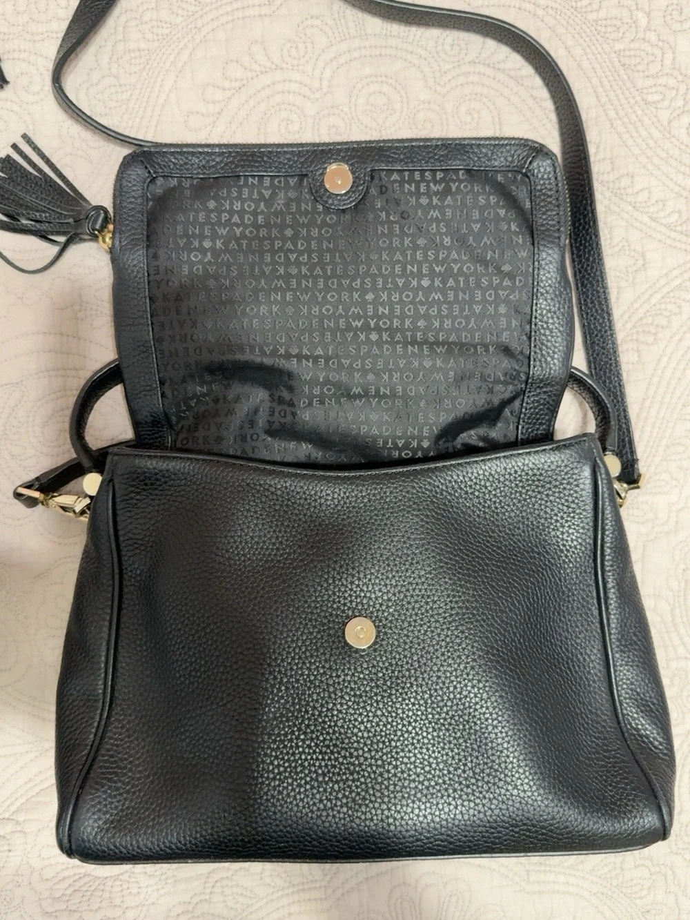 Kate Spade Black Pebbled Leather Satchel Crossbody Shoulder Bag Tassel